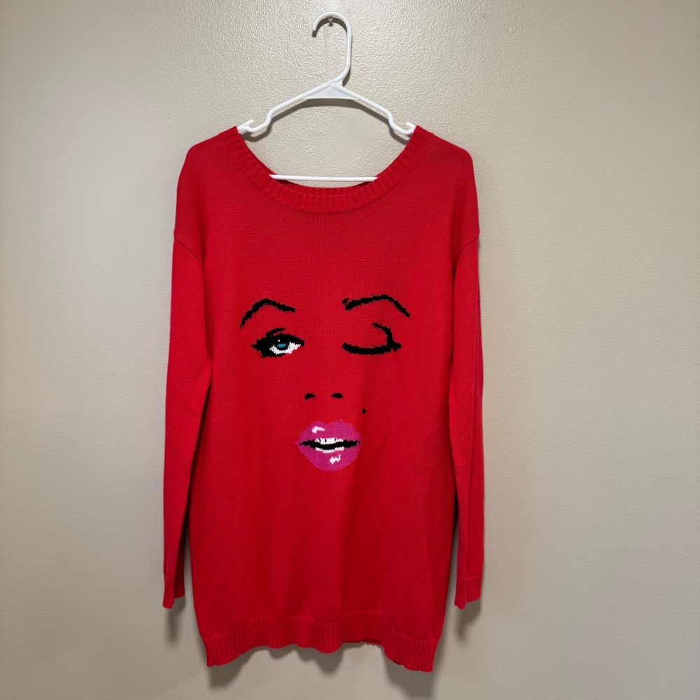 Vintage Betsey Johnson Marilyn Wink Face Red Sweater Tunic